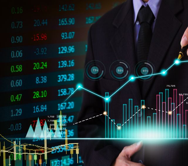 Stock market graph and business financial data on LED. Business graph and stock financial indicator. Stock or business market analysis concept. Business financial or stock market background. Business graph on stock market financial exchange